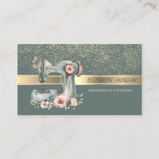 Carte De Visite Elegant Gold Confetti,Floral Sewing Machine Green (Devant)