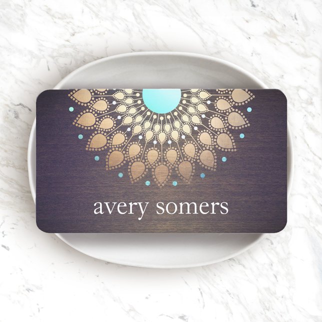 Carte De Visite Elegant Gold Foil Ornate Leaf Mandala Wood Look (Créateur téléchargé)