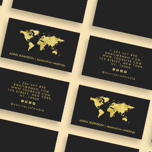 Carte De Visite Elegant Gold Foil World Map Agent de voyage mondia
