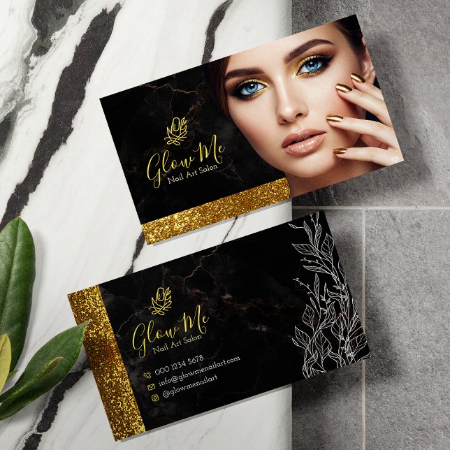 Carte De Visite Elegant Gold Glitter & Black Marble Nail Art Salon (Créateur téléchargé)