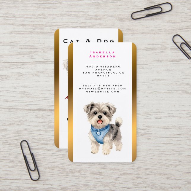 Carte De Visite Elegant Gold Grooming Pet Personalized Collection (Devant/Arrière en situation)