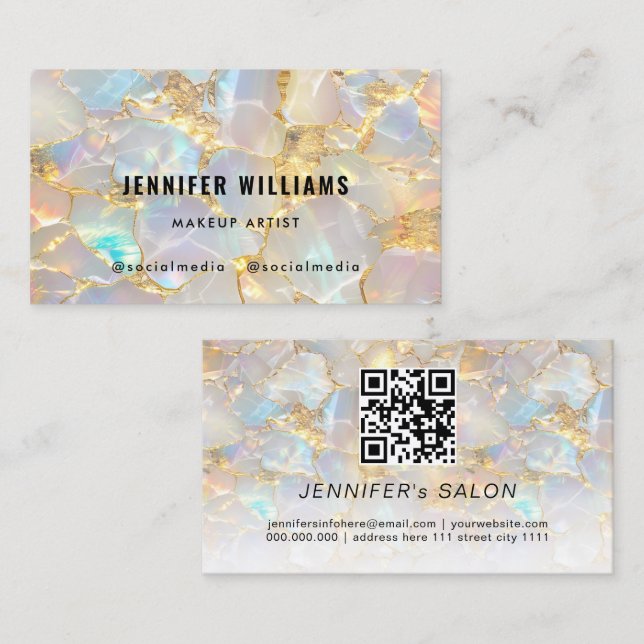 Carte De Visite Elegant Gold Opal Stone QR Code Beauty Salon (Devant / Derrière)