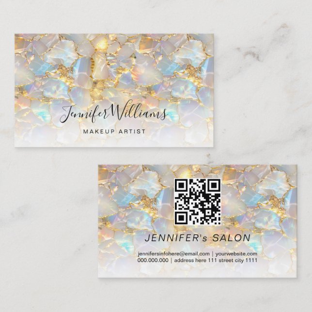 Carte De Visite Elégant Gold Opal Stone QR Code Salon (Devant / Derrière)