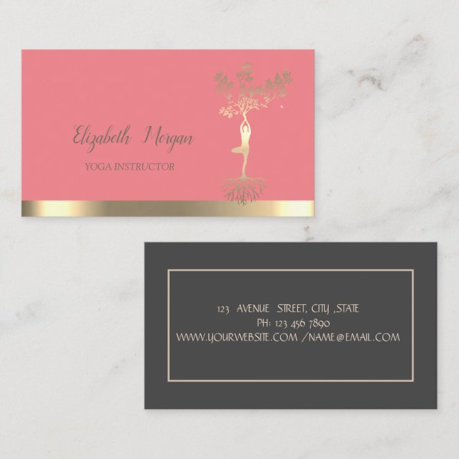 Carte De Visite Élégant Gold Tree Silhouette Yoga Instructeur (Devant / Derrière)