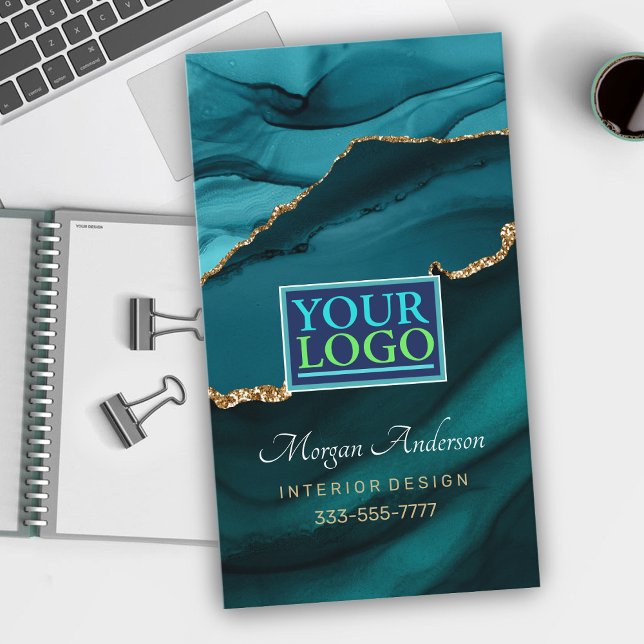 Carte De Visite Elegant Gold & Turquoise Agate, QR Code Logo Pro (Créateur téléchargé)
