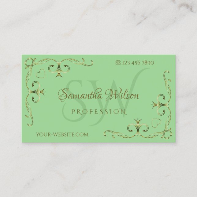Carte De Visite Elégant Golden Ornate Corners Initiales Sage Green (Devant)