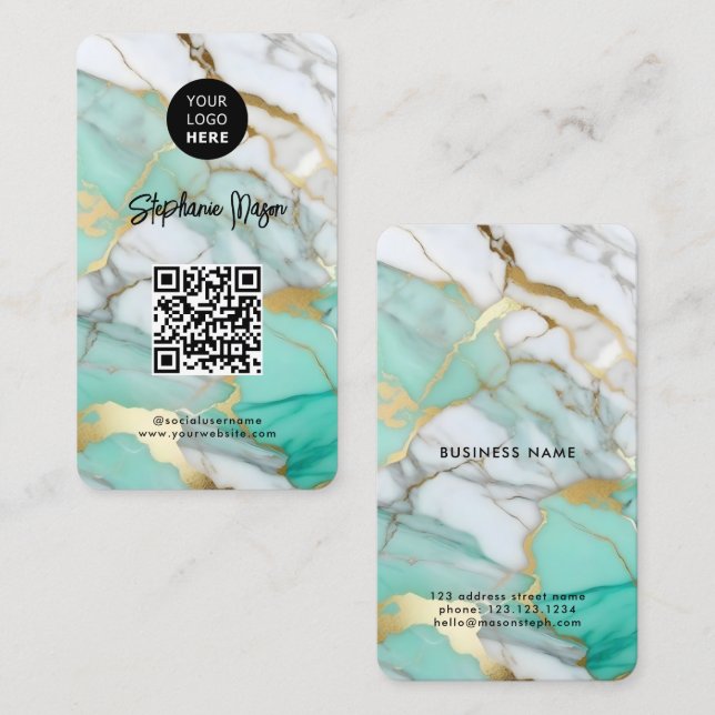 Carte De Visite Elegant Green Gold Marble Logo & QR Code Modern (Devant / Derrière)