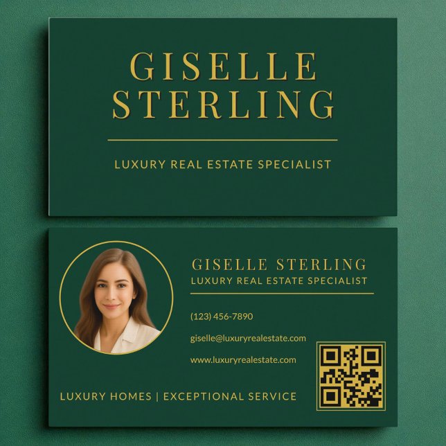 Carte De Visite Elegant Green Gold Real Estate Agent QR Code (Créateur téléchargé)