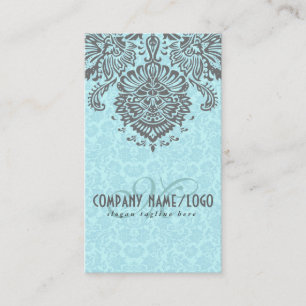 Carte De Visite Elégant Gris Et Bleu Vintage Floral Damas