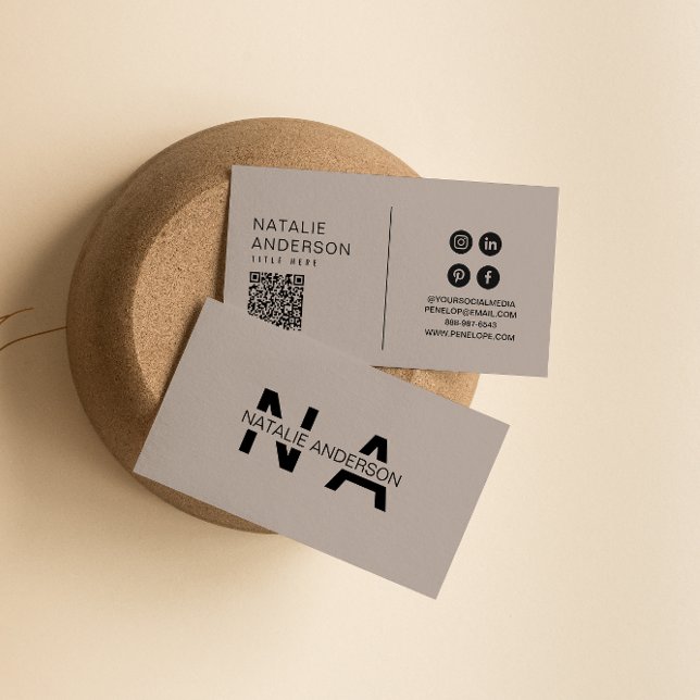 Carte De Visite Élégant gris Neutre QR Code moderne Monogramme Log (Créateur téléchargé)