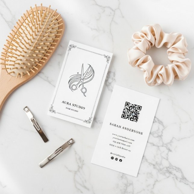 Carte De Visite Elegant Hair Stylist Business Card with QR Code (Créateur téléchargé)