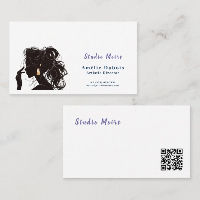 Carte De Visite Elegant Hair Stylist Studio Moire QR Code (Devant / Derrière)