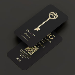 Carte De Visite Élégant immobilier Vintage clé Realtor Noir