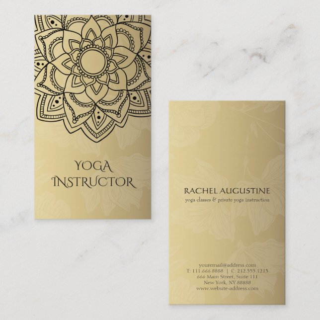 Carte De Visite Élégant instructeur YOGA Black Gold Floral Mandala (Devant / Derrière)
