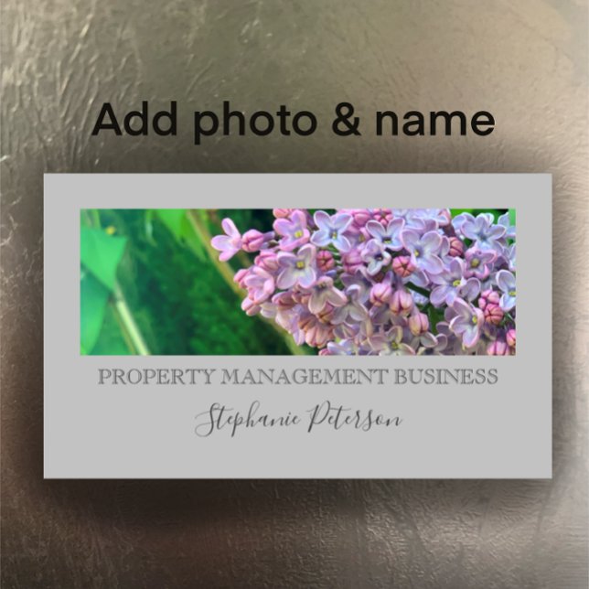 Carte De Visite Elégant Lilac Classy Custom Photo Gray Management (Customize this business card template with your photo and personal details.)