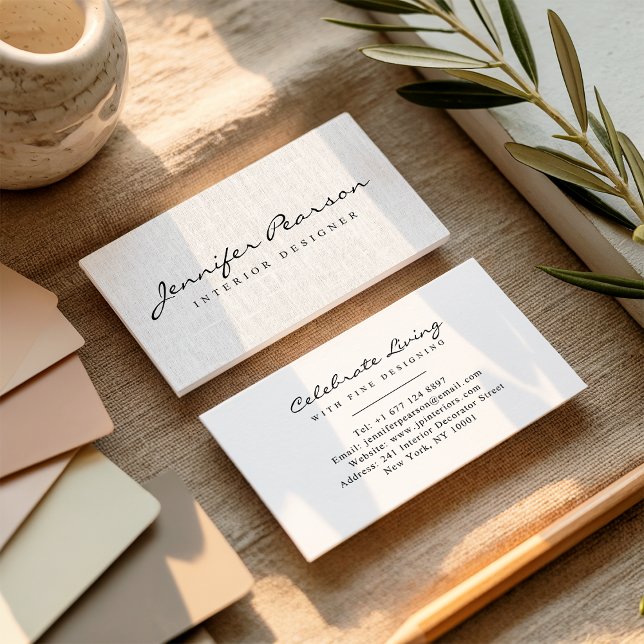 Carte De Visite Élégant logo noir logo chic lin beige moderne (Elegant black script logo chic modern beige linen)