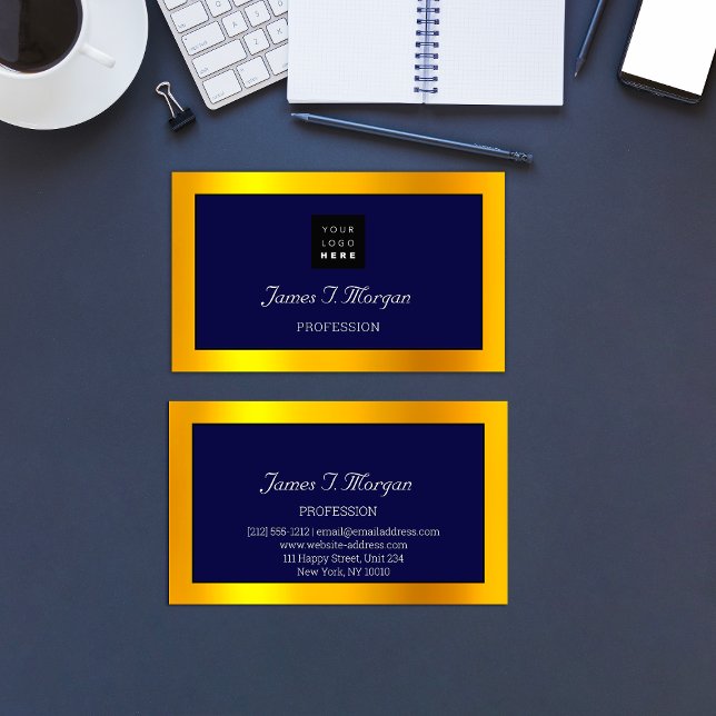 Carte De Visite Élégant logo professionnel encadré Marine White Go (Elegant Professional Framed Logo Navy White Gold Business Card)
