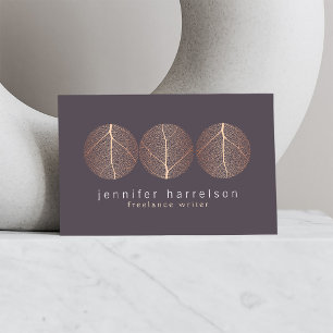 Carte De Visite Élégant logo Rose Gold Leaf Trio sur Dark