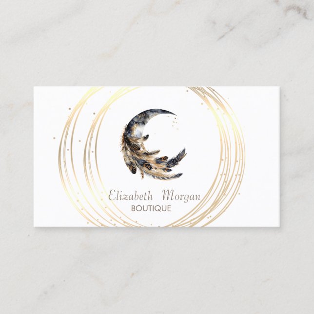 Carte De Visite Élégant Lune Plume Cercles Dorés Lotus (Devant)