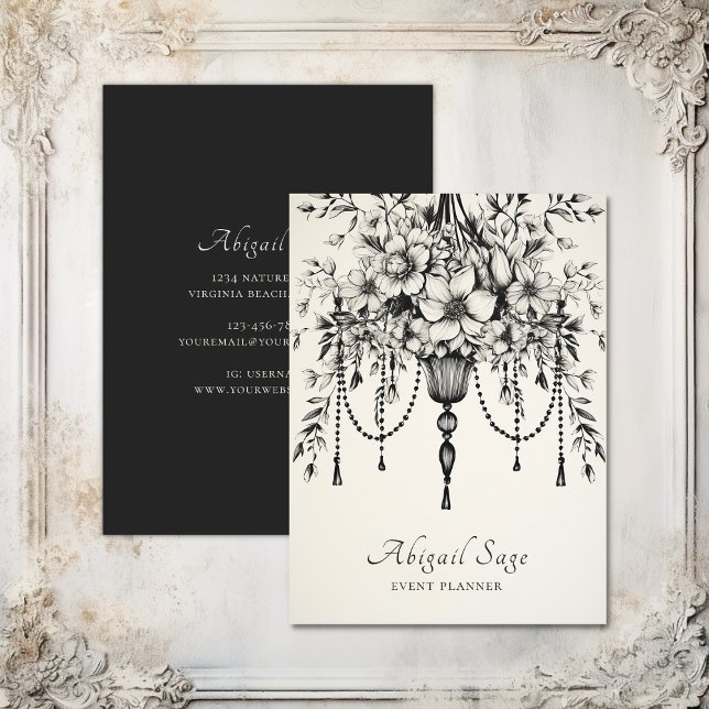 Carte De Visite Élégant lustre floral noir et blanc (Elegant Floral Chandelier Black and White Business Card)