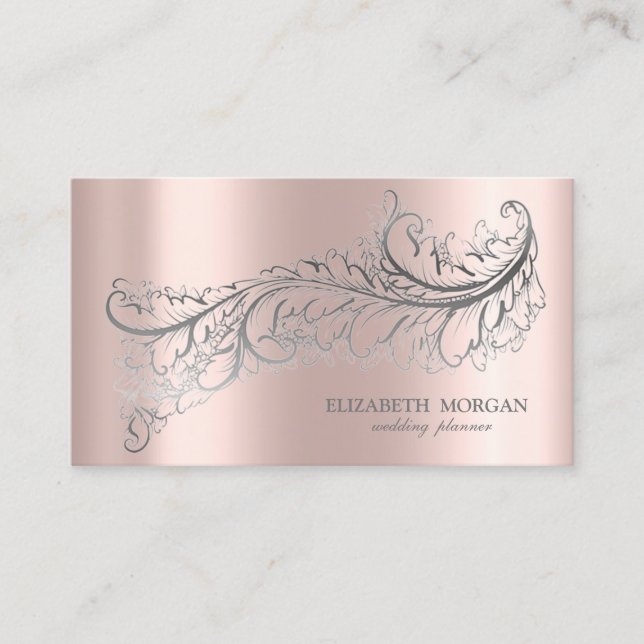 Carte De Visite Élégant Luxe Argent Plume Or Rose (Devant)