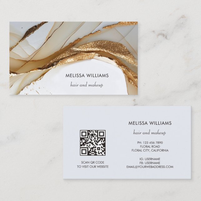 Carte De Visite Élégant Luxe Or Abstrait 3D | Code QR (Devant / Derrière)