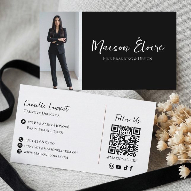 Carte De Visite Elegant Luxury Black Modern Professional Photo Qr (Elegant Luxury Black Modern Professional Photo Qr Business Card)