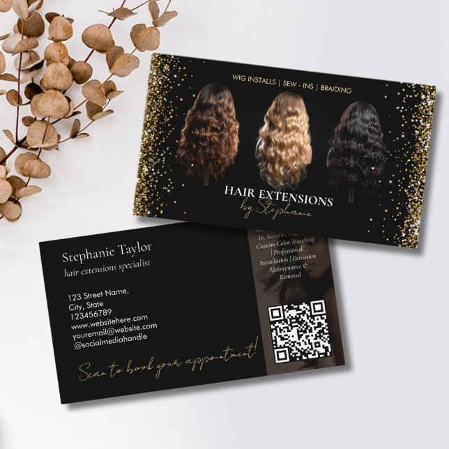 Carte De Visite Elegant Luxury Hair Extensions Wig Installs Photo (wigs business card with gold glitter details)