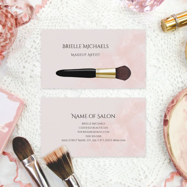 Carte De Visite Elégant maquillage Artiste Blush rose Cosmétique B (Elegant Makeup Artist Blush Pink Cosmetics Brush Business Cards)