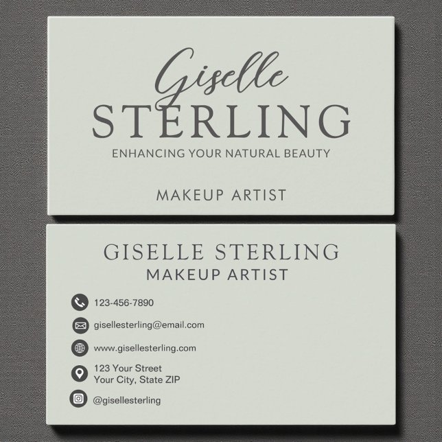 Carte De Visite Élégant maquillage Artiste Sage Vert Script modern (Créateur téléchargé)