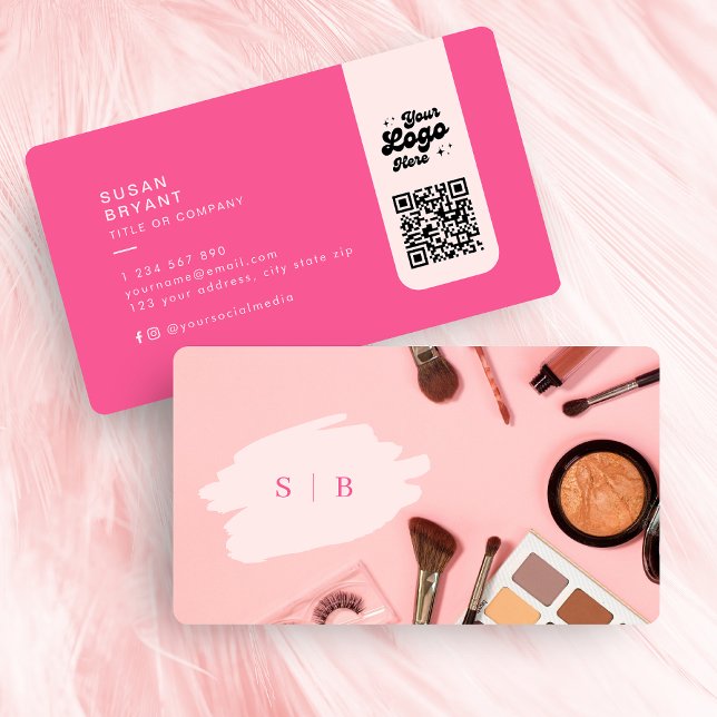 Carte De Visite Élégant maquillage rose initiales photo code qr lo (Stylish pink makeup initials photo qr code logo business card)
