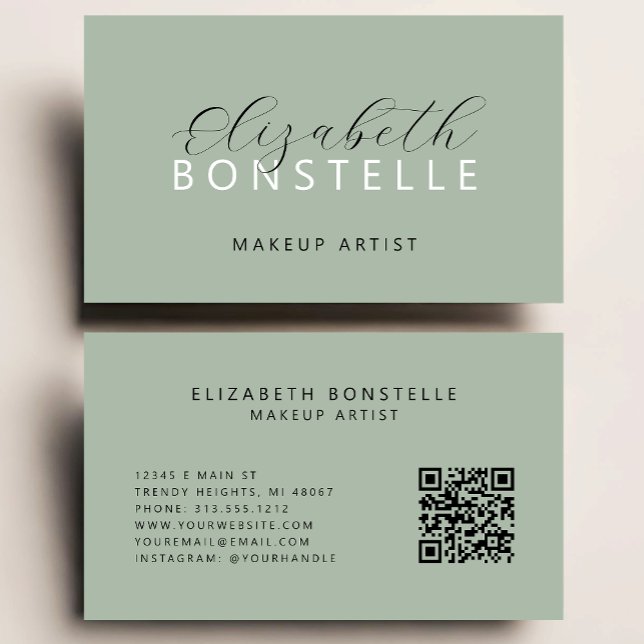 Carte De Visite Elégant maquilleur QR Code Sage Green (Créateur téléchargé)
