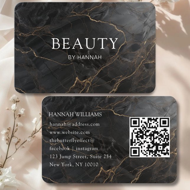 Carte De Visite Elegant Marble Black-Gold Salon QR Code (Elegant Marble Black-Gold Salon QR Code Business Card)