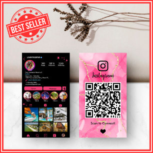 Carte De Visite Élégant Marbre d'Agate Rose et Noir QR Instagram