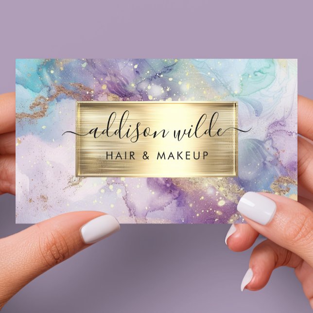 Carte De Visite Elégant marbre Turquoise violet et or Aquarelle QR (Créateur téléchargé)