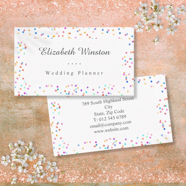 Carte De Visite Élégant Mariage coloré Confetti Script (Elegant Colourful Wedding Confetti Script Business Card)