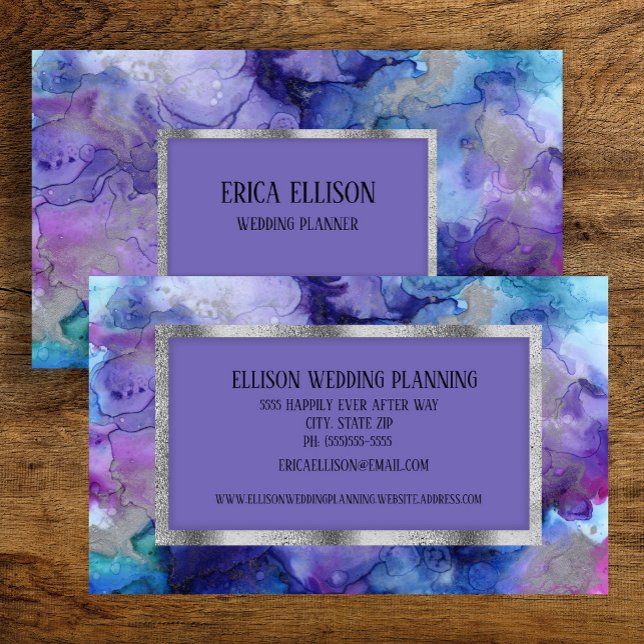 Carte De Visite Élégant Mariage moderne bleu violet argent (Elegant blue and purple watercolor business card)