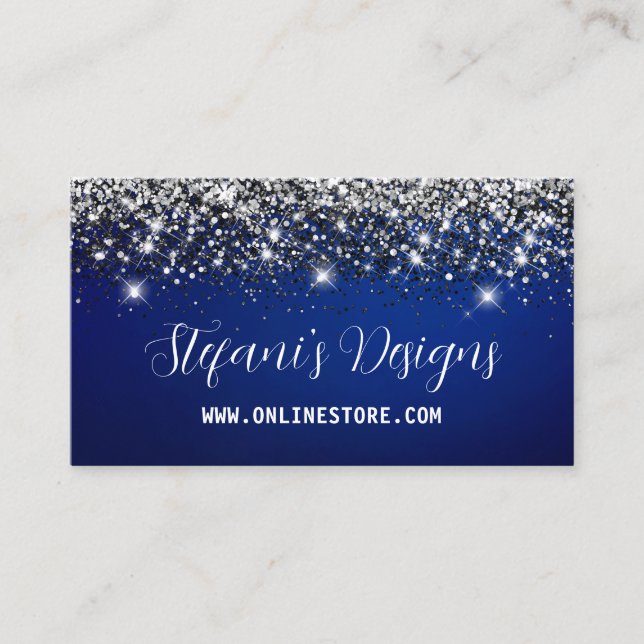 Carte De Visite Elegant Marine bleu argent faux parties scintillan (Devant)