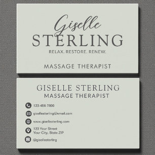 Carte De Visite Elégant Massage Thérapeute Sage Vert Moderne