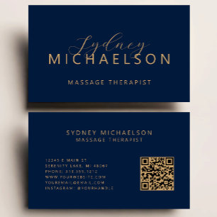 Carte De Visite Elégant massothérapeute QR Code Marine Blue Gold