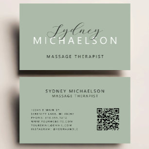 Carte De Visite Elégant massothérapeute QR Code Sage Green
