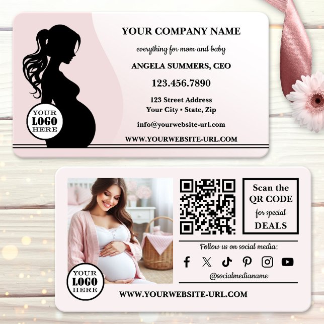 Carte De Visite Élégant Maternité Mère et Bébé au Détail (Elegant pink business card showing a silhouette of a pregnant woman - maternity or baby care retail)