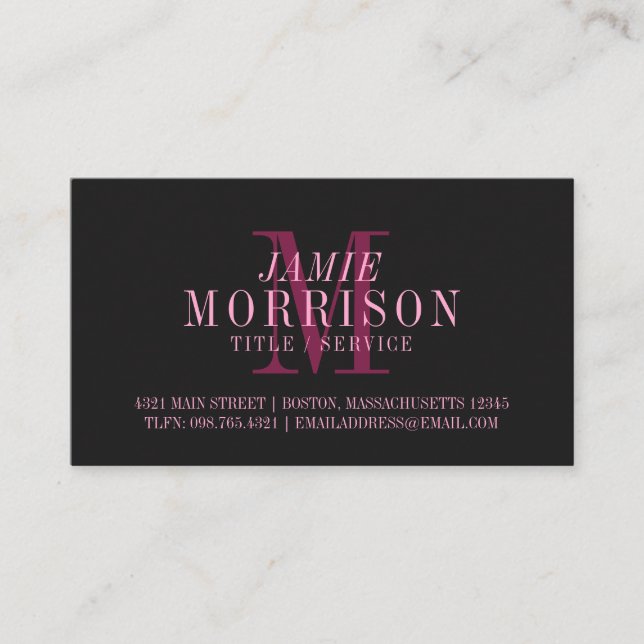 Carte De Visite Élégant Matte noir rose Monogramme professionnel (Devant)