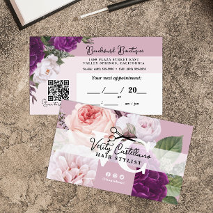 Carte De Visite Elégant Mauve Floral Hair Styliste Nomination QR