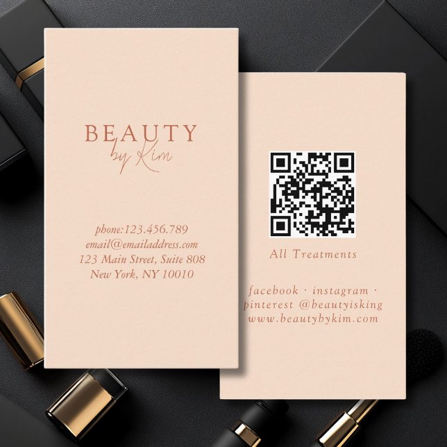Carte De Visite Élégant minimal de pêche, Code QR du salon (Peach Minimal Elegant, Salon QR Code Business Card)