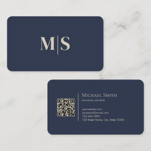Carte De Visite Élégant Minimaliste Code QR Initiales Bleu Gris
