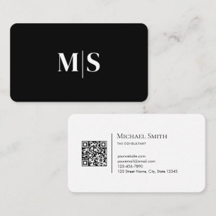 Carte De Visite Élégant Minimaliste Codes QR Initiales Noir et Bla