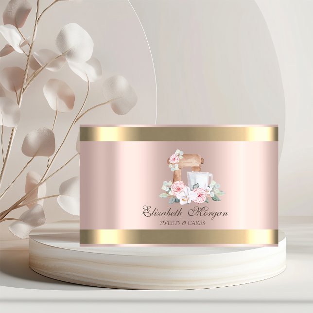 Carte De Visite Élégant Mixer Flower Gold Stripe Rose Or Boulanger (Créateur téléchargé)