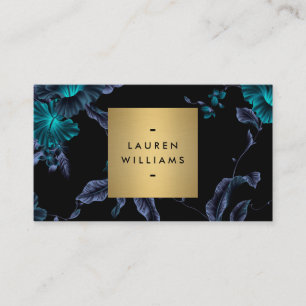 Carte De Visite Élégant modèle floral noir avec logo Gold Name