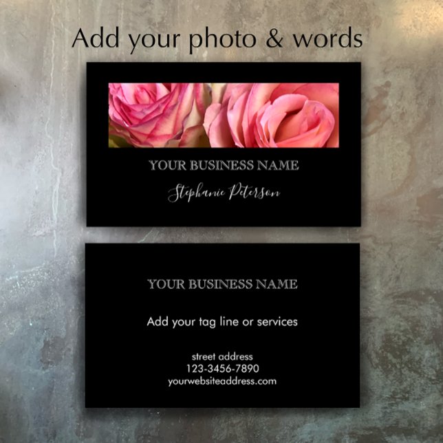 Carte De Visite Elegant Modern Black Custom Floral Photo Template  (Personalize this editable modern elegant script photo template business card template.
)